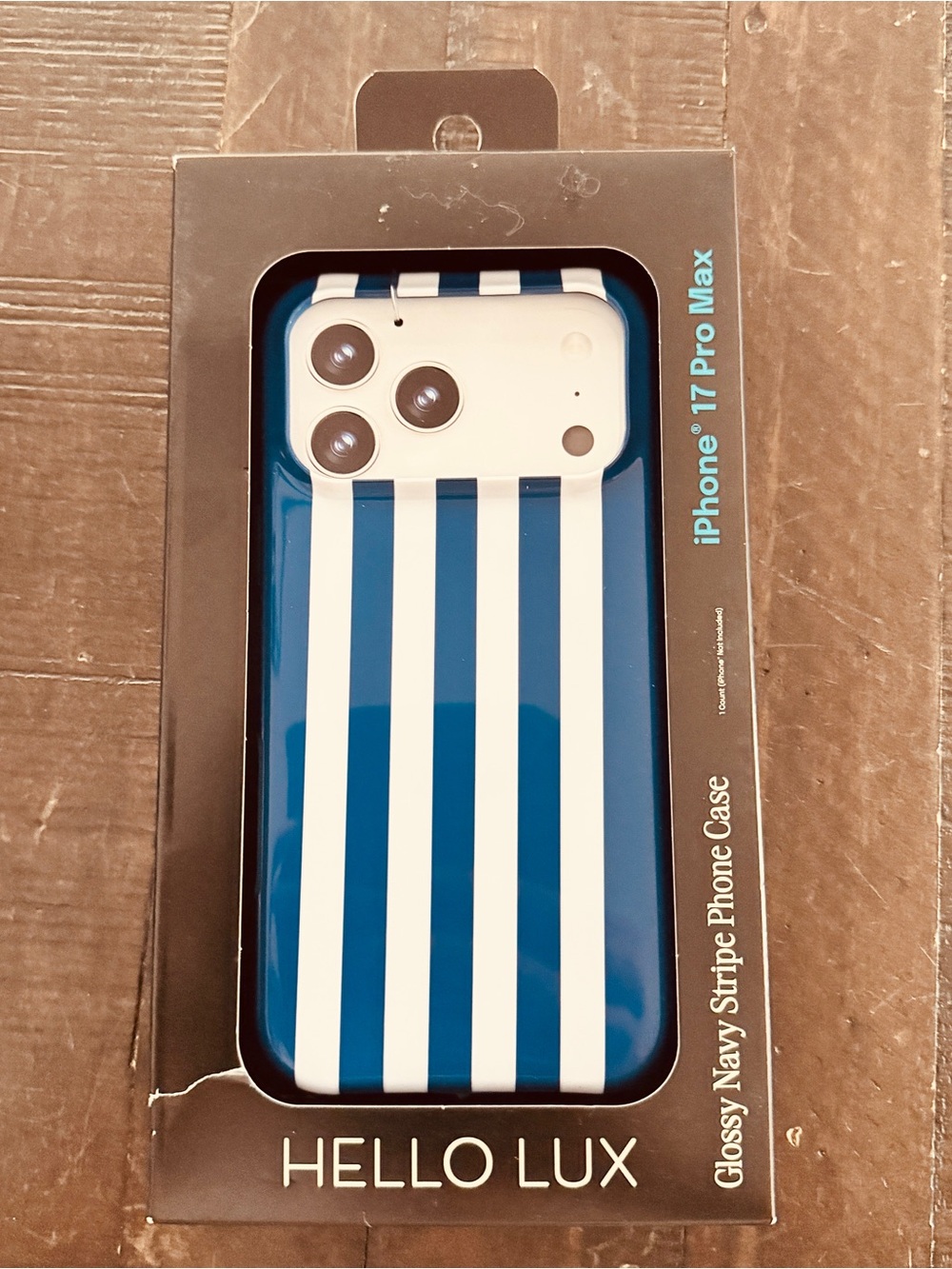 New HELLO LUX Glossy Navy Stripe iPhone 17 Pro Max Phone Case